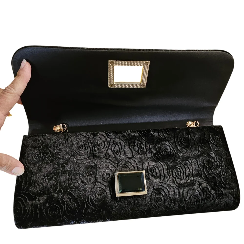 d'margeaux New York Black Velvet Floral Embossed Clutch With Chain Strap